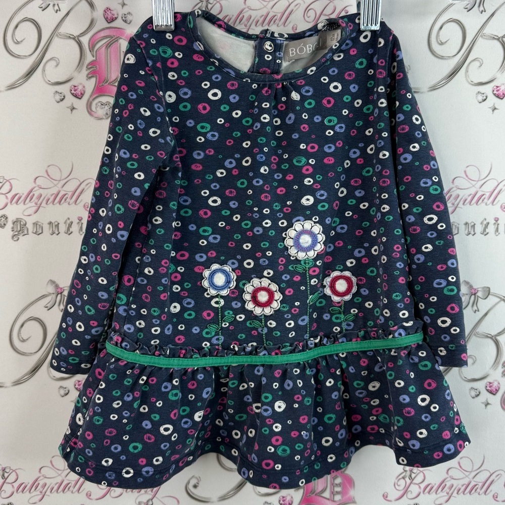 Boboli dress ruffles floral flowers embroidered pink navy Baby Polka Dot Outfit